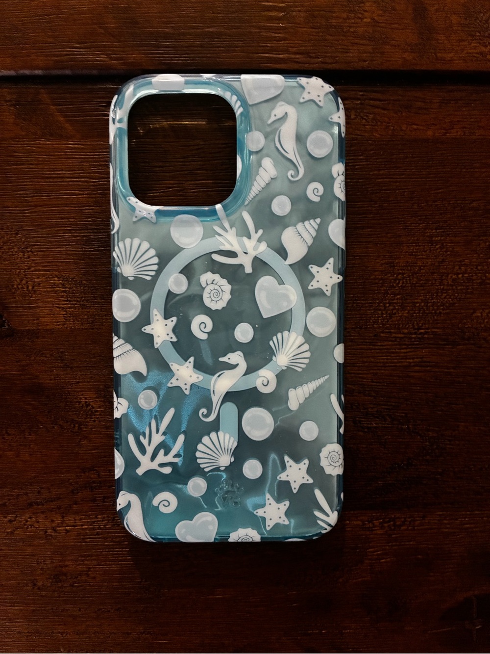 Velvet Caviar Teal Clear Phone Case with White Seahorse & Shell Motif